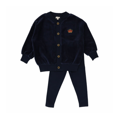 Lil Legs Boys Velour Shabbos Long Sleeve Lounge Set Pajamas - Navy