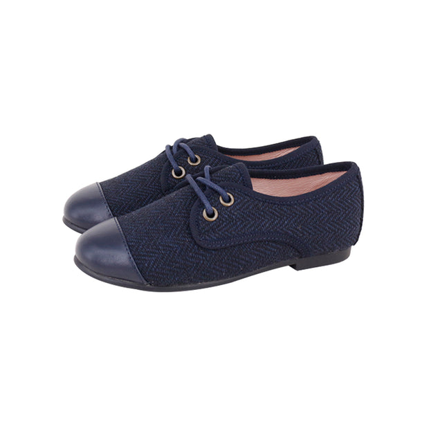 Perroquet Boys Navy Herringbone Oxford Shoes with Navy Leather Cap Toe - Navy