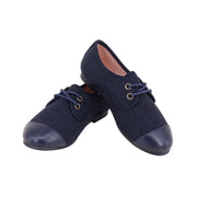 Perroquet Boys Navy Herringbone Oxford Shoes with Navy Leather Cap Toe - Navy