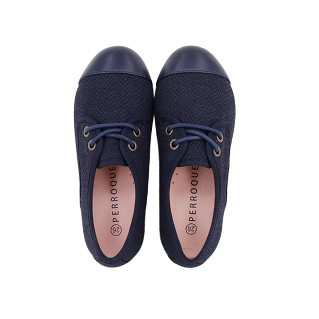 Perroquet Boys Navy Herringbone Oxford Shoes with Navy Leather Cap Toe - Navy