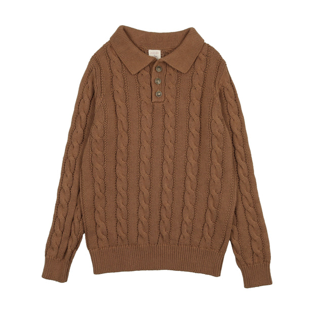 Analogie Cable Knit Long Sleeve Polo - Camel