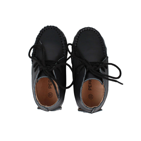 Perroquet Baby Casual Laced Leather Shoes with Lines - Black