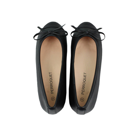 Perroquet Girls Black Leather Ballet Flats with Grosgrain Cap Toe - Black