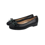 Perroquet Girls Black Leather Ballet Flats with Grosgrain Cap Toe - Black