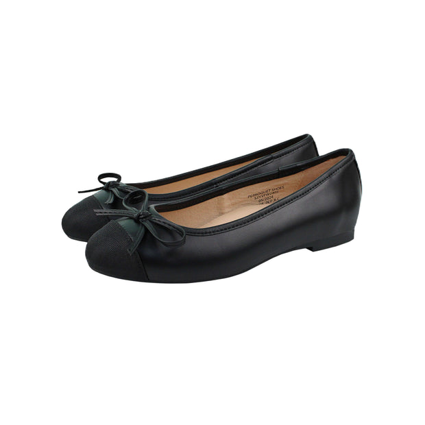 Perroquet Girls Black Leather Ballet Flats with Grosgrain Cap Toe - Black