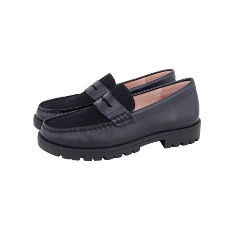 Perroquet Girls Lug Sole Leather Loafers with Corduroy  - Black