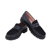 Perroquet Girls Lug Sole Leather Loafers with Corduroy  - Black