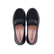 Perroquet Girls Lug Sole Leather Loafers with Corduroy  - Black