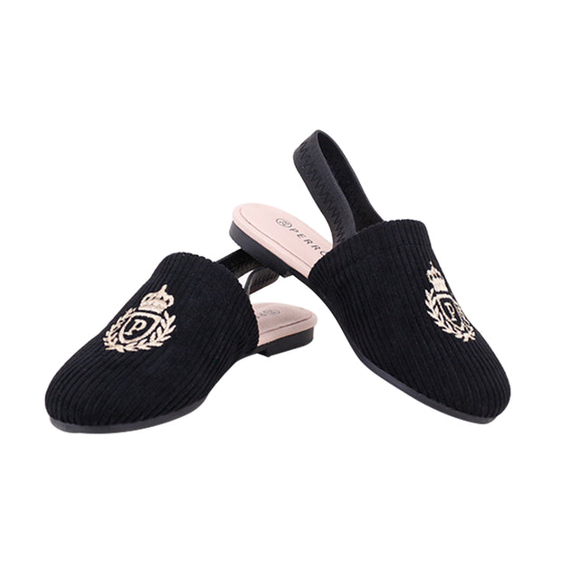 Perroquet Girls Ribbed Velvet Sling Backs with Gold Crest - Black