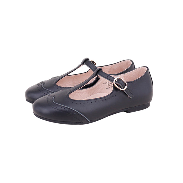 Perroquet Girls Leather T-Strap Wingtip Mary Janes - Black