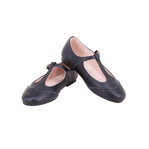 Perroquet Girls Leather T-Strap Wingtip Mary Janes - Black