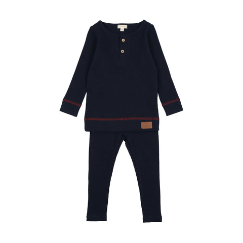 Lil Legs Henley Ribbed Set - Navy/Red