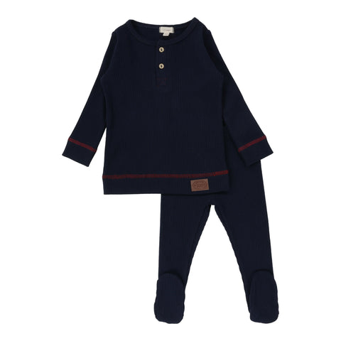 Lil Legs Henley Ribbed Set - Navy/Red