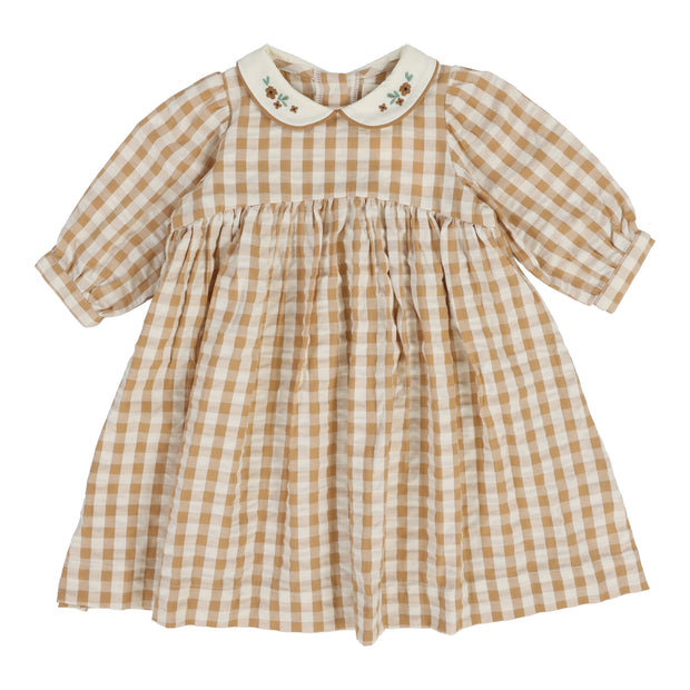 Analogie golden gingham dress three quarter sleeve from our Gingham Dressy Collection.