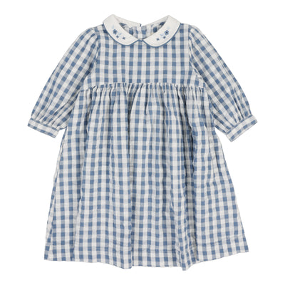 Analogie bright blue gingham dress three quarter sleeve from our Gingham Dressy Collection.