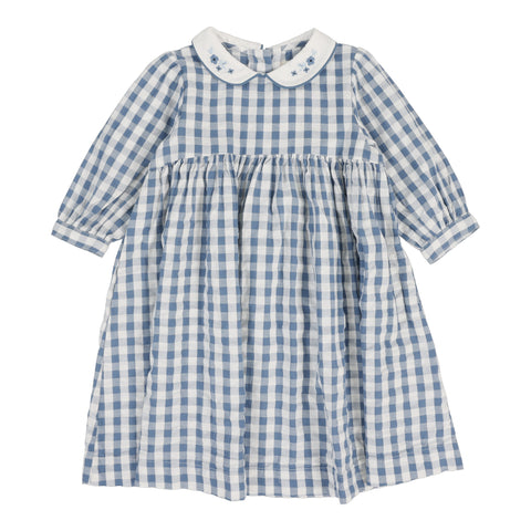 Analogie bright blue gingham dress three quarter sleeve from our Gingham Dressy Collection.