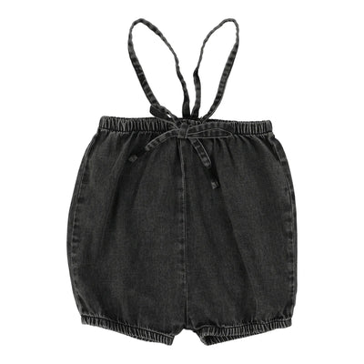 Analogie black wash stonewash bubble suspender shorts from our Tencel.