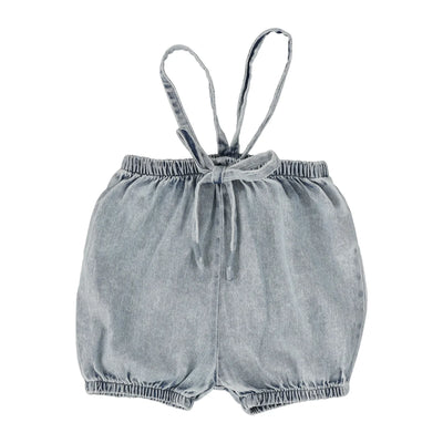 Analogie blue wash stonewash bubble suspender shorts from our Stonewash Collection.