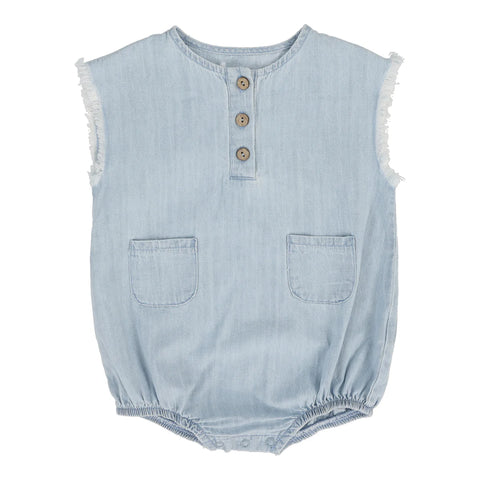 Analogie light wash boys fringe romper from our Lightweight Denim Collection.