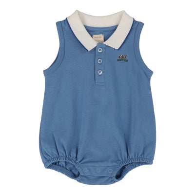 Analogie light blue sleeveless polo romper from our Stonewash Collection.