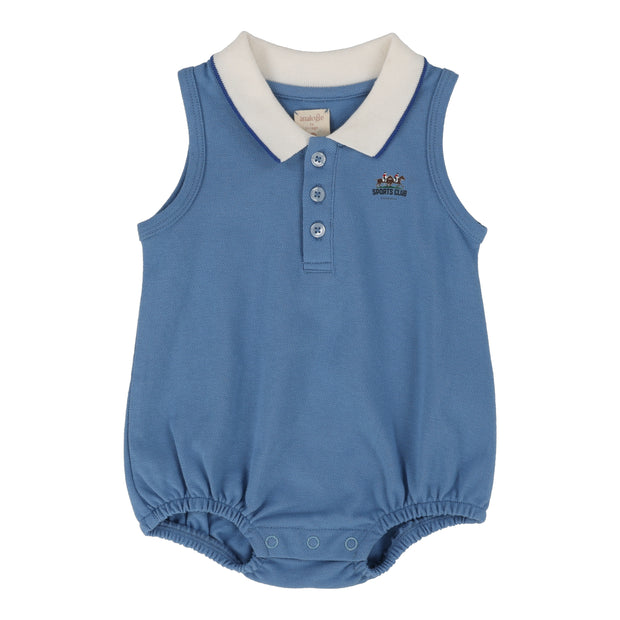 Analogie light blue sleeveless polo romper from our Stonewash Collection.