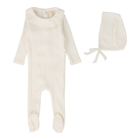 Lilette Fine Pointelle Ruffle Collar Footie Set - Milk