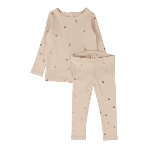 Lilette Scattered Cherry Long Sleeve Set - Pale Peach Base