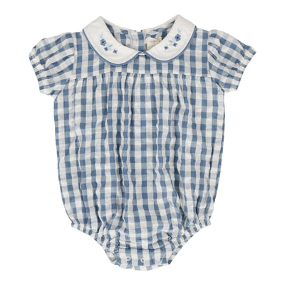 Analogie bright blue gingham girls romper from our Gingham Dressy Collection.