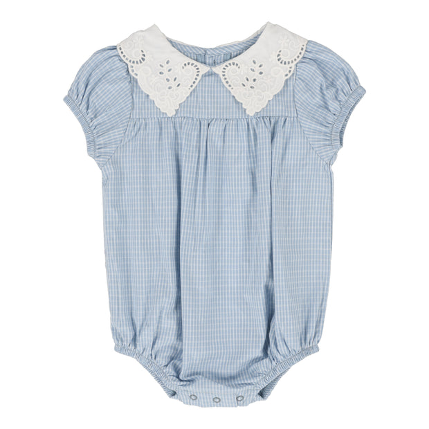 Analogie light blue windowpane girls romper from our Windowpane Collection.