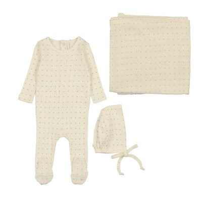 Lilette Linear Printed Layette Set - Cream/Navy Dot