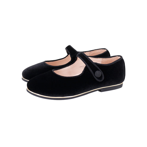 Perroquet Girls Velvet Mary Janes with Gold Sole - Black