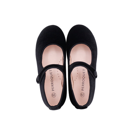 Perroquet Girls Velvet Mary Janes with Gold Sole - Black