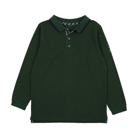 Lil Legs Plaid Detail Long Sleeve Polo - Green