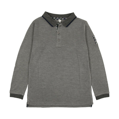 Lil Legs Plaid Detail Long Sleeve Polo - Light Gray