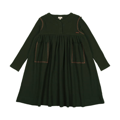 Lil Legs Ribbed Placket Long Sleeve Dress - Green/Camel