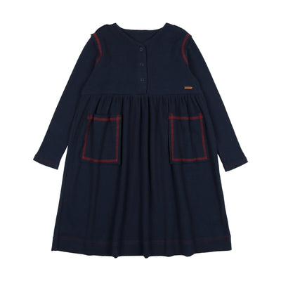 Lil Legs Ribbed Placket Long Sleeve Dress - Navy/Red