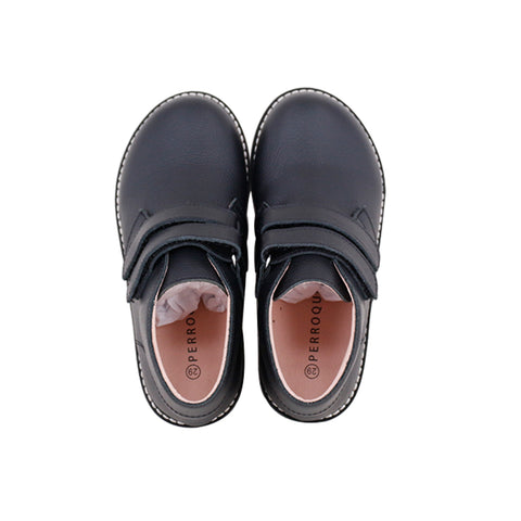 Perroquet Boys Rugged Welt Sole Pebbled Leather Double Velcro Shoes - Black