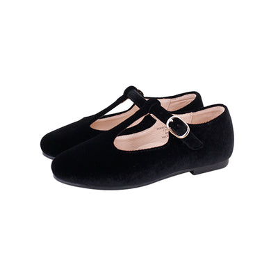 Perroquet Girls Velvet T-Strap Mary Janes - Black