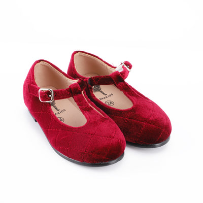 Zeebra Kids Quilted Velvet T-Strap Shoes - Burgundy