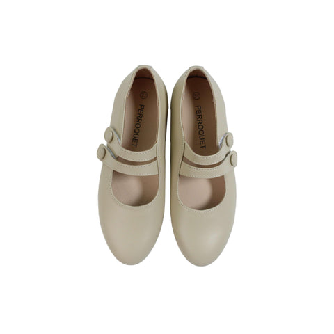 Perroquet Shoes Leather Double Front Strap Mary Janes - Beige