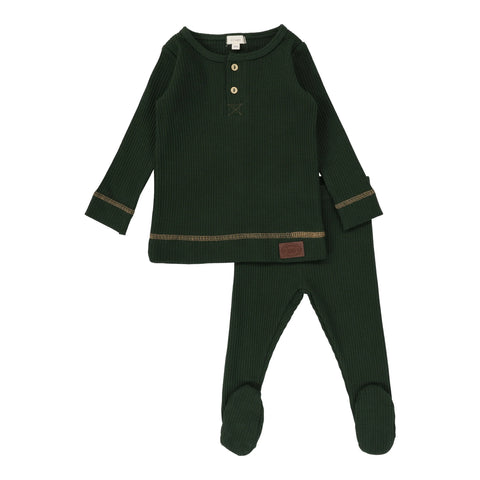 Lil Legs Henley Ribbed Set - Green/Camel