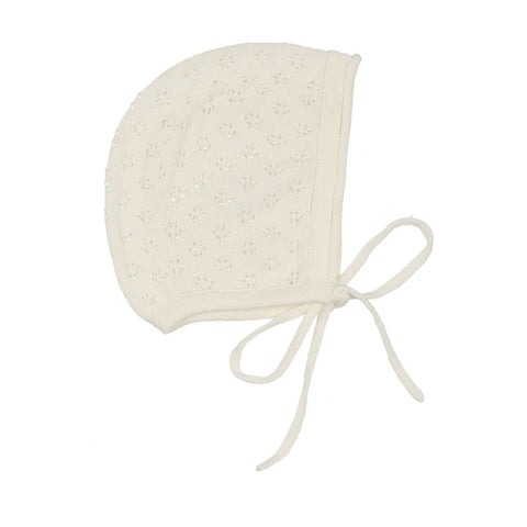 Lilette ivory knit pointelle bonnet from our Knit Collar.