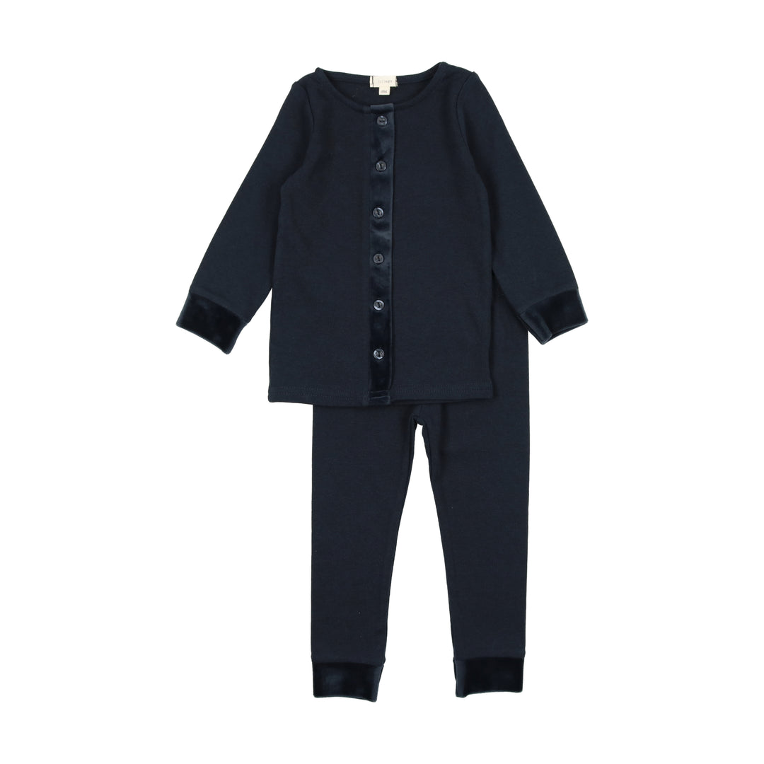 Lil Legs Velour Trim Lounge Set Navy Head Shoulders Toes Bows