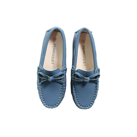 Perroquet Shoes Silky Leather Loafers with Bow - Dusty Blue