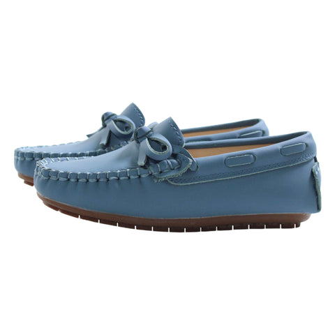 Perroquet Shoes Silky Leather Loafers with Bow - Dusty Blue