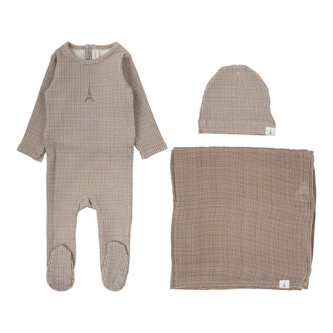 Lilette oat gingham print layette set from our Gingham Print.