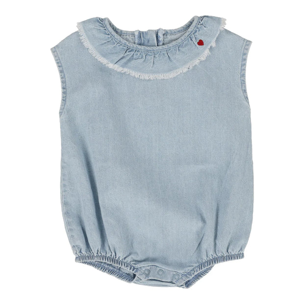 Analogie light wash girls fringe romper from our Lightweight Denim Collection.