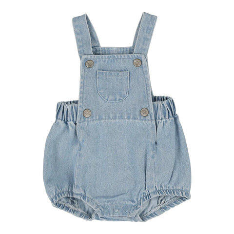 Analogie light wash bib romper from our Lightweight Denim Collection.