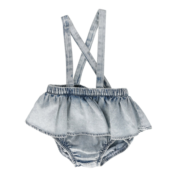 Analogie blue wash stonewash flutter suspender bloomer from our Stonewash Collection.