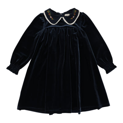 Lil Legs Velour Collar Long Sleeve Dress - Navy